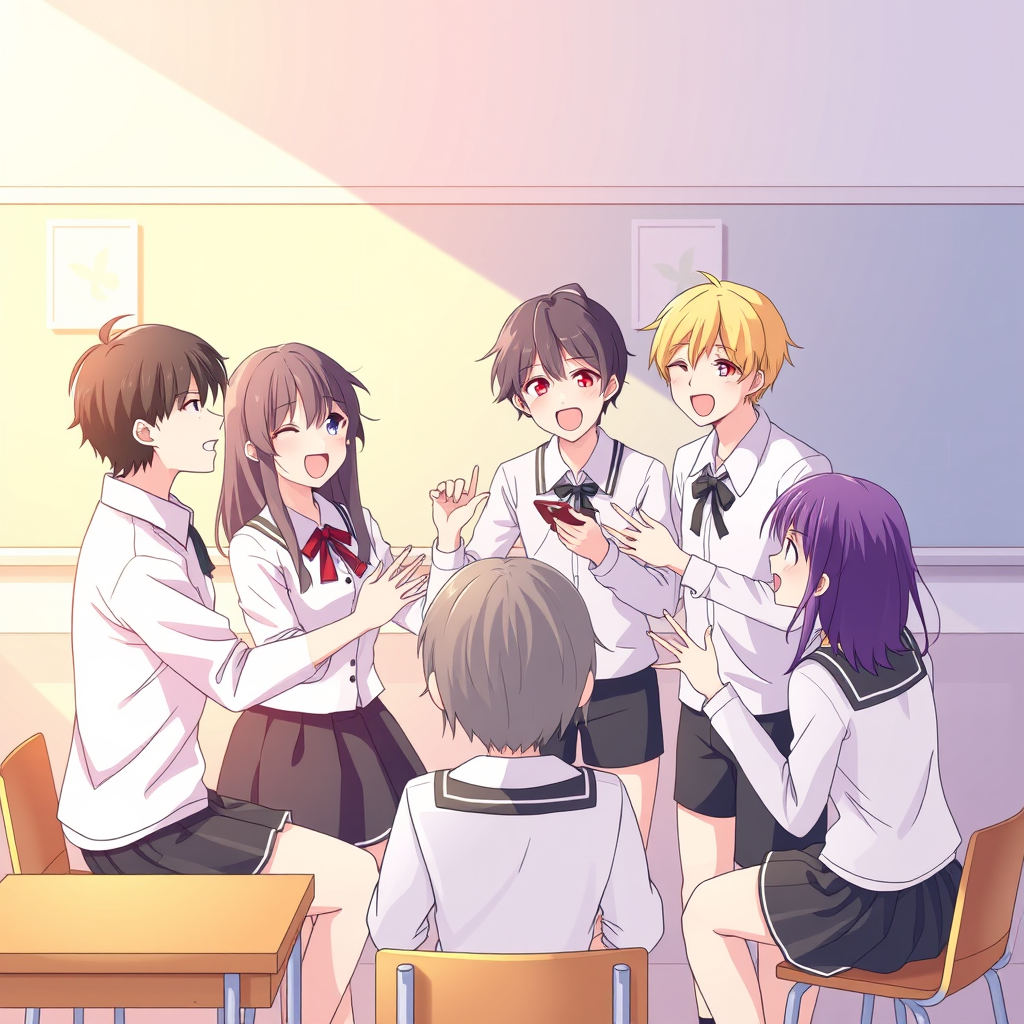 Singing circle of 6 male and 6 female high school students Delicate, anime style, fun, classroom.