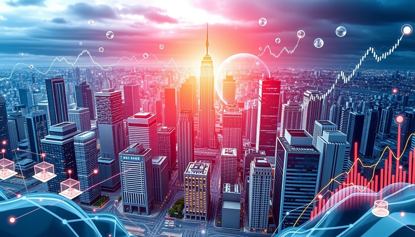 Dynamic Futuristic 3D Cityscape with Business Icons and Graphs in High Contrast. - Image