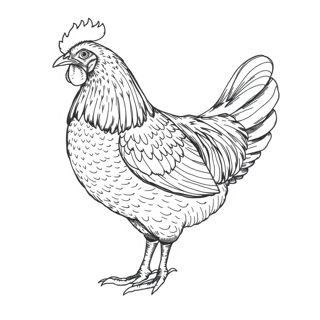 "Line drawing of an old hen, requiring realistic details." - Image