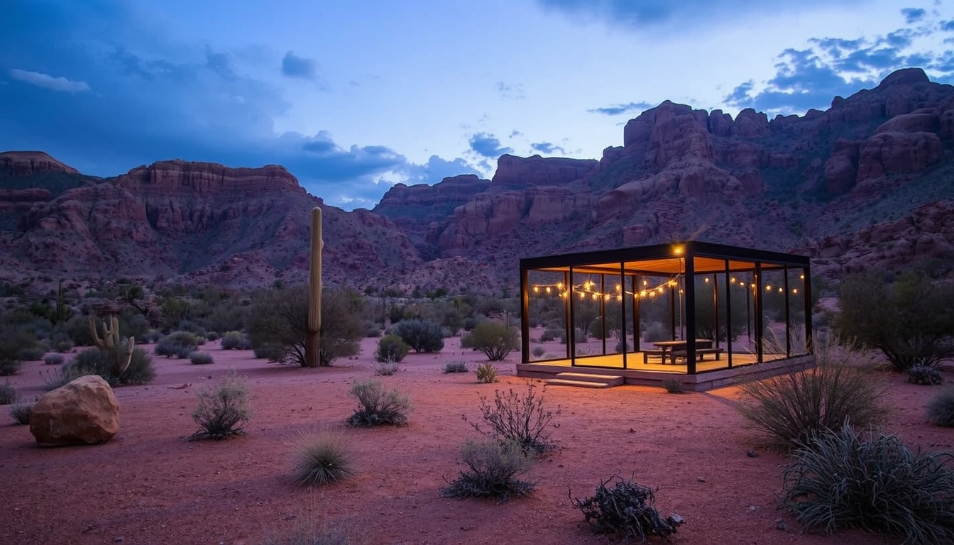 A dramatic desert landscape with a glass pavilion offering shade and shelter.