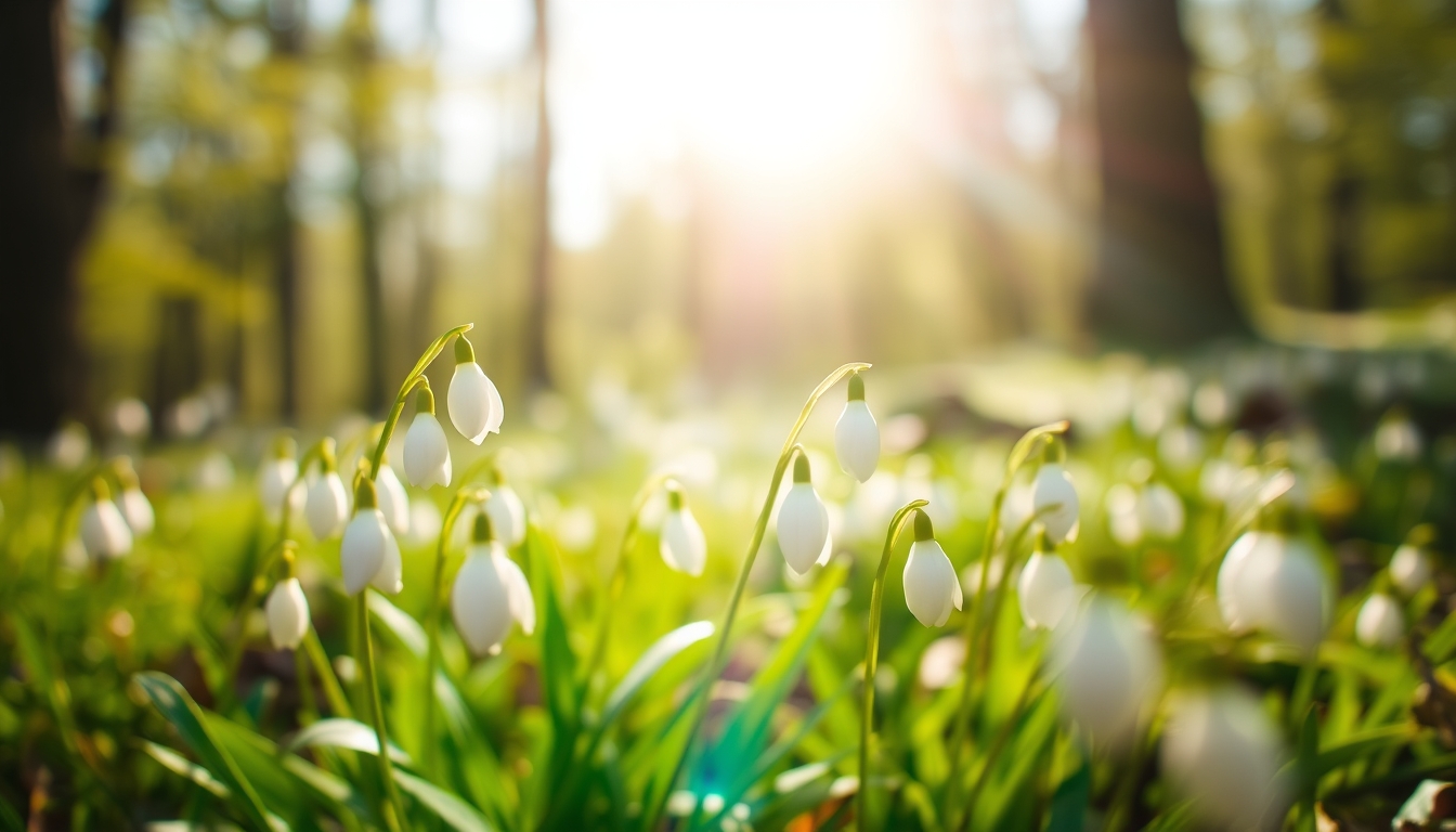 Blurry artistic effect on lovely wild snowdrop flowers in the forest on a sunny spring day.