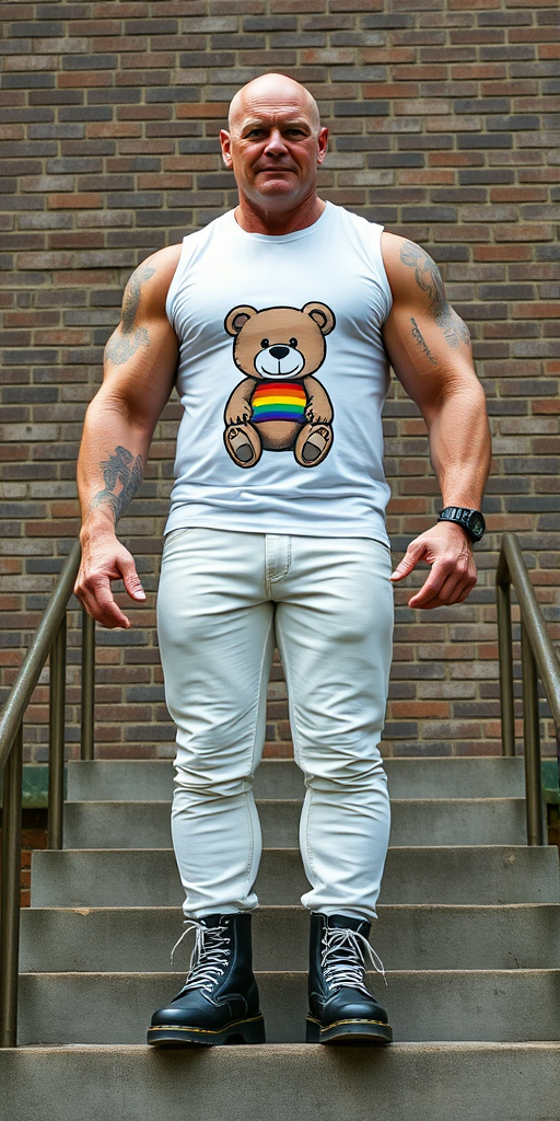 A towering, muscular 60-year-old skinhead bodybuilder stands confidently on concrete stairs, his gleaming bald head contrasting with his light skin. Clad in a striking white t-shirt with a logo of a stuffed teddy bear holding a gay flag, tattooed arms flex beneath the sleeveless fabric. Tight bleached denim trousers highlight his powerful legs, complemented by knee-high Dr. Martens boots with white laces. The rugged brick wall and metal handrails create an industrial backdrop, enhancing the imposing presence of this behemoth.