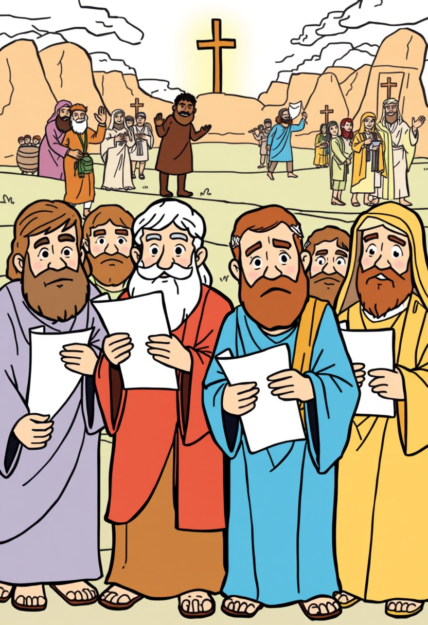 Illustrate various Old Testament prophets, each holding a scroll, set against a backdrop of significant biblical events. A coloring book page, cartoon style, thick lines, low details, no shading. - Image