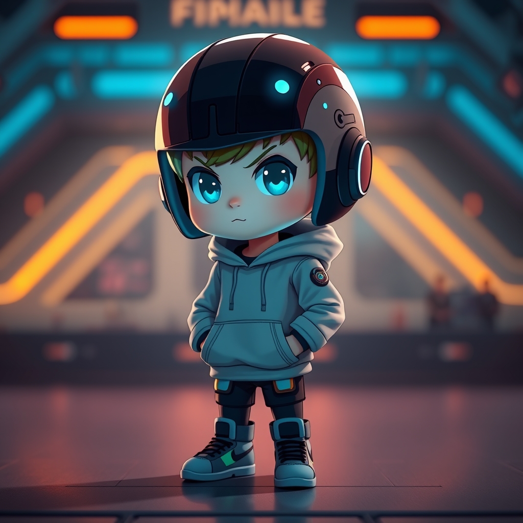 Sharp, detailed image of a realistic, futuristic chibi character with a helmet and glowing blue accents, wearing a hoodie and sneakers, standing in a sci-fi environment with soft, colorful lighting, no text. - Image