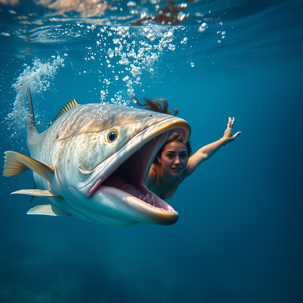 A beautiful woman is diving deep into the sea but trying to escape from a large fish.