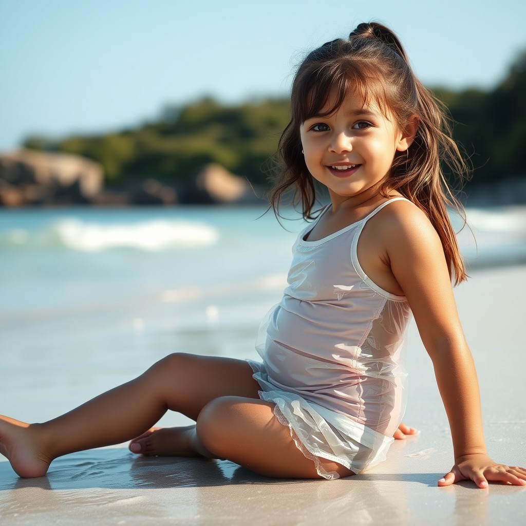 cute little girl on the beach in clear plastic swimsuit sitting with her legs spread