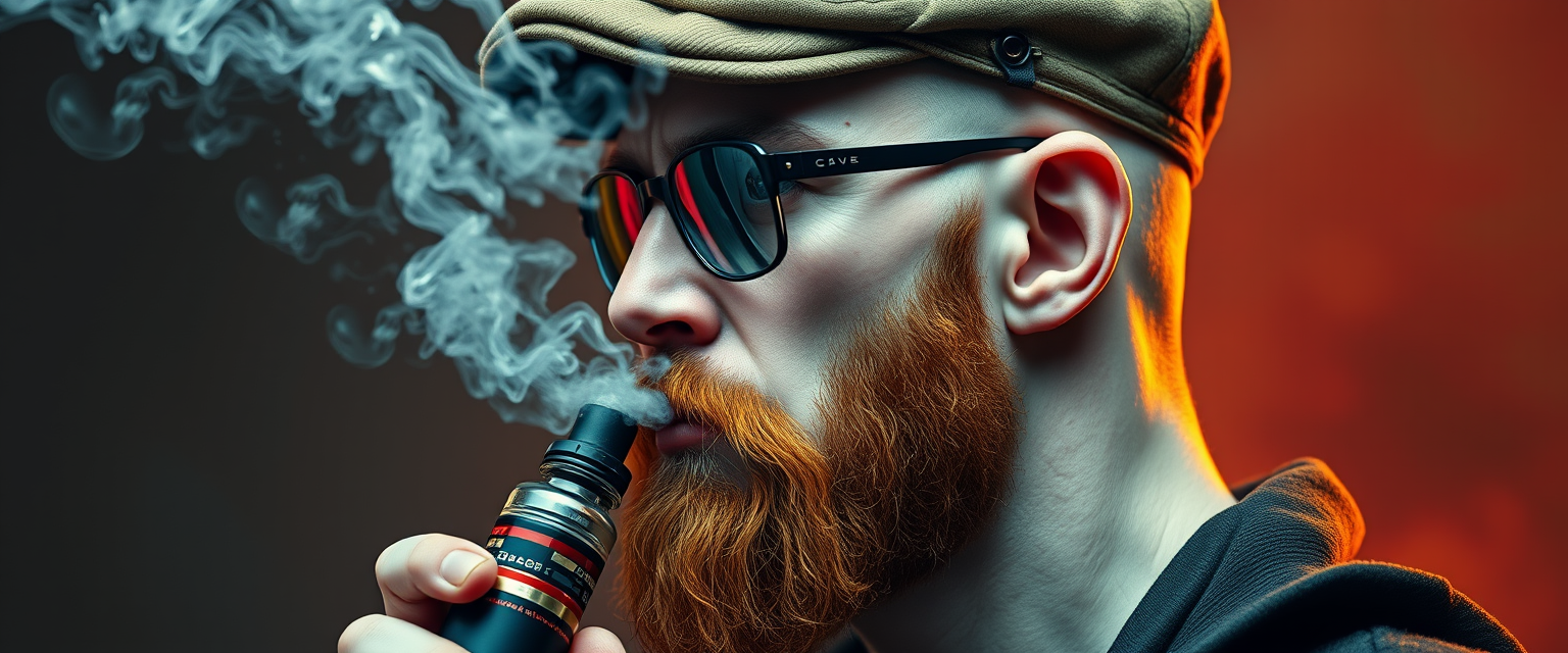 Three-quarter view of a sinister, bald human male with demonic features. Short ginger beard contrasts with dark eyebrows. Wears a weathered flatcap and reflective aviator glasses. Clutches a sleek vapemod, exhaling dense, swirling vapor clouds. Vibrant, e-liquid drips off his pale skin, creating a colorful aura. Hyper-realistic, high detail.