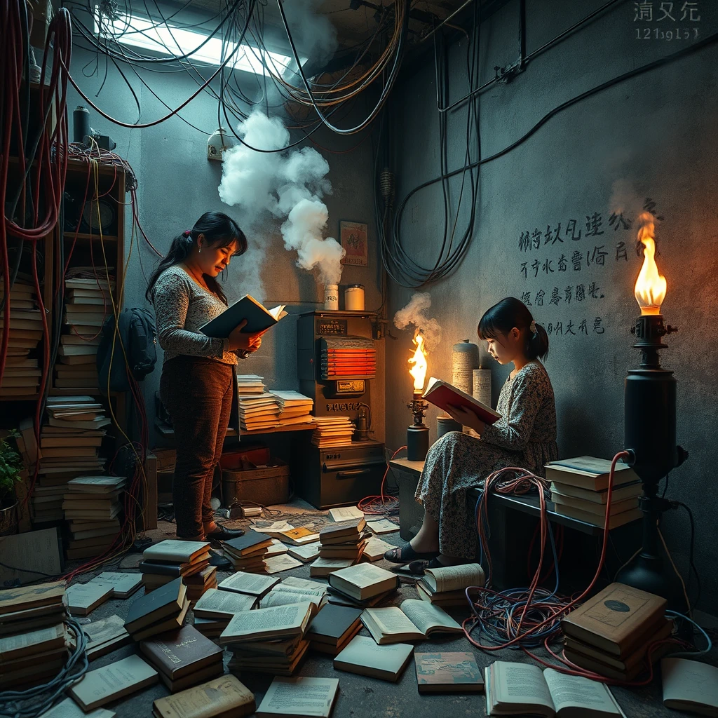 A real-life photograph, wide shot, of a tall strong woman and a girl reading books in the corner of a room. The room has some books scattered messily, and many wires of varying thicknesses are on the floor and in the air, including red, blue, yellow, and other colors. Additionally, there are some machines emitting steam and fire. The lighting is dim, and there are some plants. There are Chinese characters or Japanese characters.