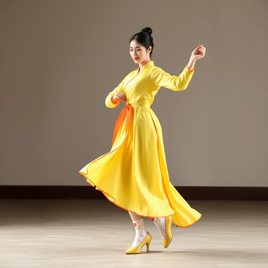 A single Korean woman dancing in a yellow traditional Korean costume. Dancing classically, daintily, and nobly. FULL SHOT, yellow traditional shoes, neatly tied black hair. Full body is visible, feet in white flowered socks, nimble movements.