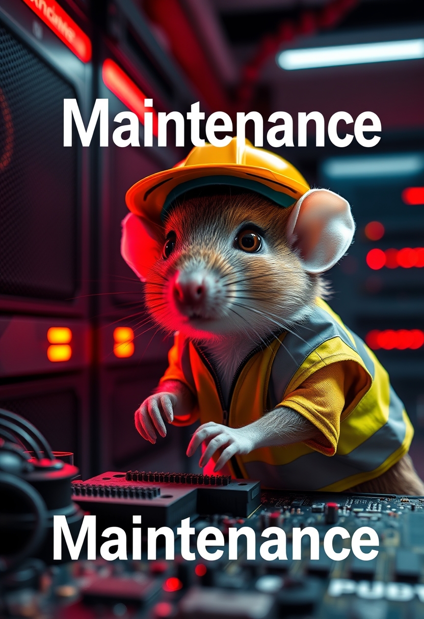 A small mouse wearing a hard hat and high visibility vest is repairing a circuit board. The mouse has a serious look in its eyes, and the background shows a server room illuminated only by red emergency lighting with red ambient lighting. The text in the background says "Maintenance." - Image