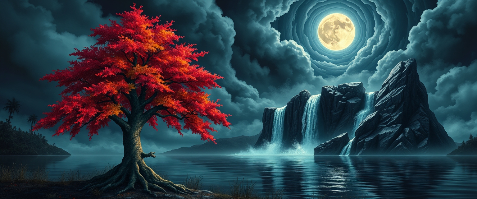 (masterpiece), (best quality), (ultra-detailed), darkness, illustration, A vibrant, colorful tree stands by the edge of a serene lake, its vivid hues contrasting starkly with the foreboding atmosphere. In the background, a waterfall cascades down jagged rocks, the water glistening in the moonlight. Thick, swirling clouds loom overhead, adding to the sense of an evil presence. The moonlight filters through the clouds, casting an otherworldly glow over the scene. The air is thick with mysticism, as if the very night holds ancient secrets and dark magic. disheveled hair, detailed eyes, perfect composition, moist skin, intricate details, earrings, darkness, very detailed, intricate, perfect light, sharp focus, burning background, cool colors, ambient, elegant, highly decorated, deep aesthetic, colorful, magic, mystical, scenic, warm bright, vibrant, unique, best, winning, thought, smart, beautiful, dramatic, artistic, illuminated, scientific, color, romantic, rich, surreal, epic, symmetry.