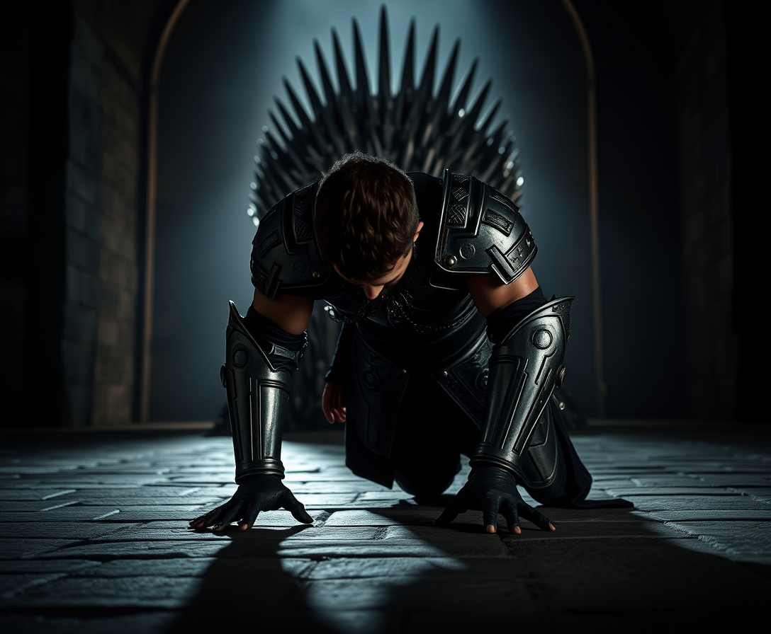 Subject: A handsome and muscular king in full plate armor, positioned on all fours facing the Iron Throne (which is to the back of the shot and not the focus), his head bowed to the ground in prayer.  
Lighting: Dramatic chiaroscuro lighting, with a single light source illuminating the king from behind, casting long shadows that stretch towards the Iron Throne. The scene should have an overall somber and reverent mood.  
Background: The Iron Throne should be slightly out of focus in the background, hinting at its presence and power but not distracting from the king in the foreground. The setting should be a dimly lit, vast hall with stone walls and high, vaulted ceilings, conveying the grandeur and solemnity of the location.  
Details: The king's armor should be highly detailed, showcasing the craftsmanship of the era, with intricate engravings and perhaps some battle damage to hint at his experiences. Focus on the texture of the cold, hard metal against the rough stone floor.  
Composition: The camera angle should be low, looking up at the king to emphasize his vulnerability and submission despite his powerful physique and position.  
Overall Style: Aim for a hyperrealistic, cinematic style, reminiscent of historical epics. The image should feel grounded and authentic, capturing the weight and texture of the scene. - Image