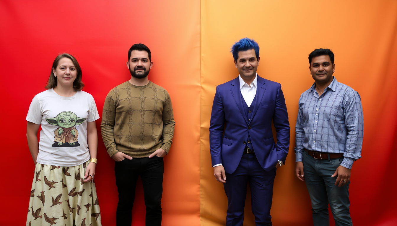 Five men are standing together against a backdrop that is divided equally in half down the middle; the left side is red and the right side is gold. The woman is wearing a t-shirt with a Yoda motif, and she has a long skirt with birds on it. The man is wearing a three-piece purple suit, and he has spiky blue hair. - Image