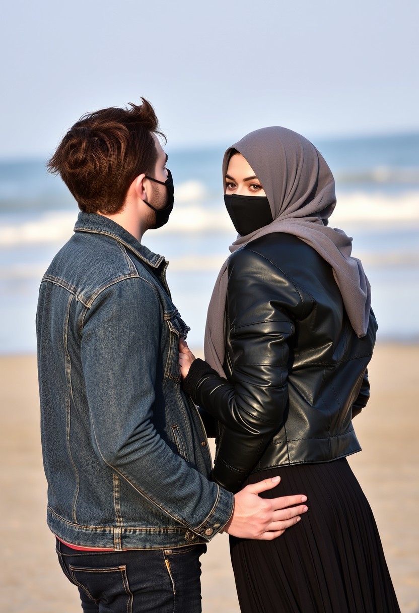 Jamie Dornan's head and body shot, handsome, face mask black, jeans jacket, jeans, dating, love couple, hug from back, with biggest grey hijab Muslim girl, face mask black, beautiful eyes, black leather jacket, biggest skirt, at beach, hyper realistic, street photography.