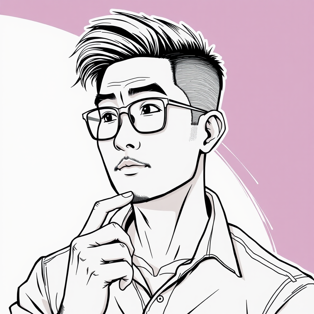 "Create a cool line drawing of a man around 35 years old, with short crew cut hair and a robust physique. He is Asian, wearing framed glasses, with a slightly short beard on his chin, dressed in a shirt, and has a somewhat rogue charm while in a thinking pose. His face should not be too thin." - Image