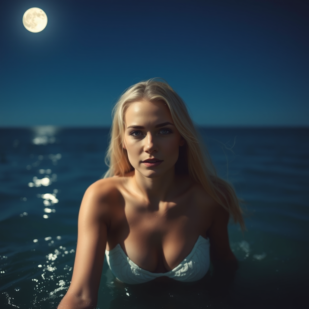 A fair-skinned blonde woman is entering the sea under the moonlight.