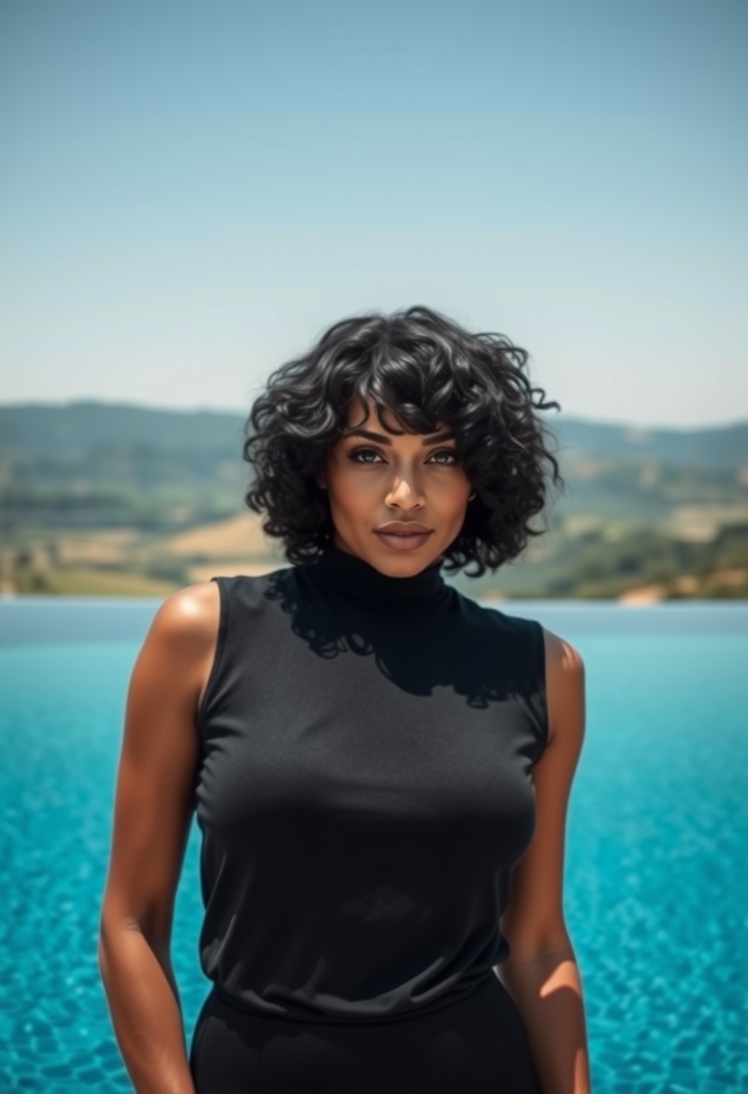 Photorealistic image, beautiful woman, short black curly hair. Behind her an infinity pool, in the background the hills of Barolo.