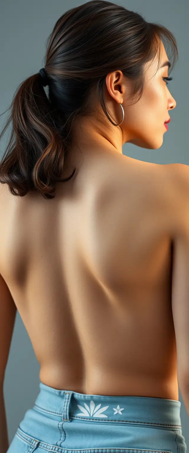 Close-up of the back of a busty Korean-Indian woman with white skin. - Image