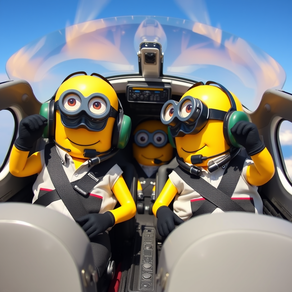 Minions wearing pilot uniforms in the cockpit of an aircraft. - Image