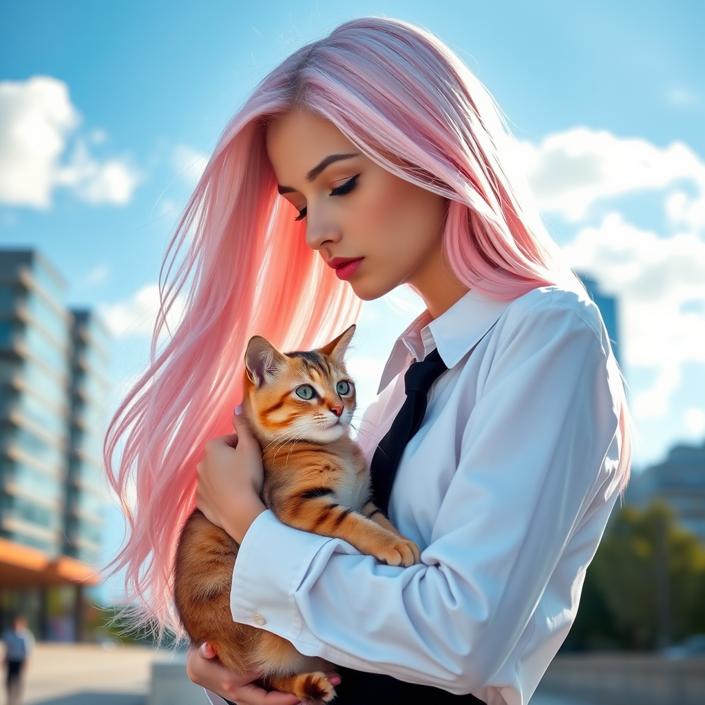 a serene urban scene featuring a young woman with long, flowing pastel pink hair and striking green eyes, dressed in a crisp white shirt with a black tie. She is gently cradling a light brown cat with distinct markings, gazing thoughtfully at it. The background showcases a bright blue sky with soft clouds and a modern cityscape, creating a contrast between the warmth of the interaction and the coolness of the urban environment. The lighting is bright and airy, enhancing the emotional connection between the woman and the cat, while the colors are vibrant yet harmonious, emphasizing the tranquility of the moment. The composition captures a sense of intimacy and reflection, with the woman's profile sharply defined against the soft backdrop, creating a poignant and captivating atmosphere.