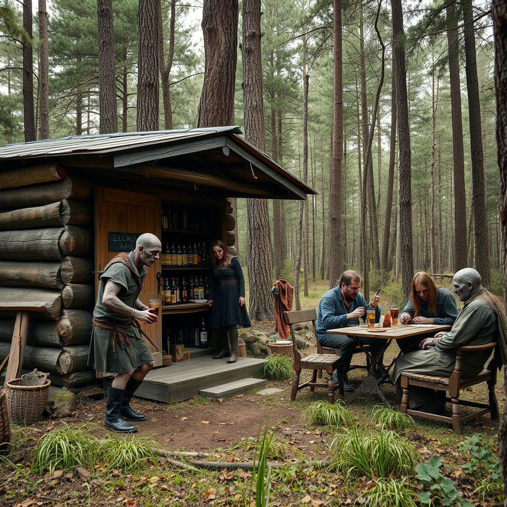 Real-life photography, wide shot: In the forest, there is a wooden cabin selling alcohol, and a dressed zombie comes to buy some. Next to the cabin, there are tables and chairs, with zombies sitting and drinking. A female barbarian is selling the alcohol.