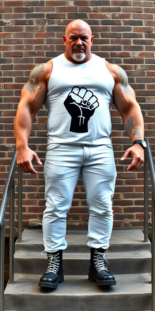 A towering, muscular 60-year-old skinhead bodybuilder stands confidently on concrete stairs, his gleaming bald head contrasting with his light skin. Clad in a striking white t-shirt with a logo of a black fist over the rainbow gay flag, tattooed arms flex beneath the sleeveless fabric. Tight bleached denim trousers highlight his powerful legs, complemented by knee-high Dr. Martens boots with white laces. The rugged brick wall and metal handrails create an industrial backdrop, enhancing the imposing presence of this behemoth. - Image