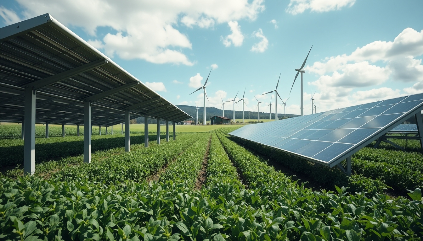 A wide-angle shot of a modern, eco-friendly farm with solar panels, wind turbines, and organic crops in the foreground. - Image