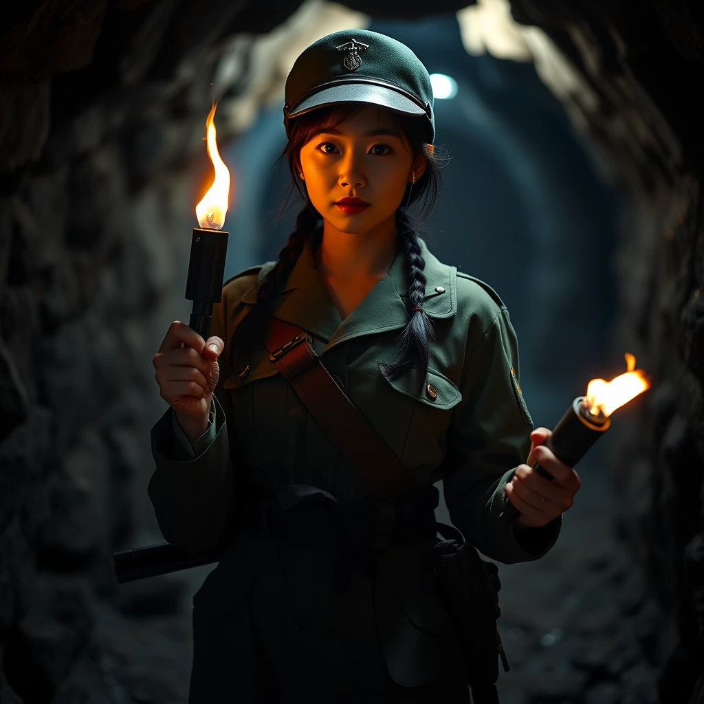 Full body shot, beautiful Korean woman, wearing military attire from Japanese World War II, holding a gun and torch, in a mine, low light, cinematic lighting, realistic.