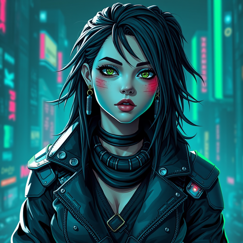 Cyber style of women warrior with rugged black hair and cybernetic implants | merging leather garments with futuristic cyberpunk elements | flowing robes and high-tech armor plating | dystopian cityscape background | in deep blue and neon green. hyper-real , 8k , AR , cute face style.