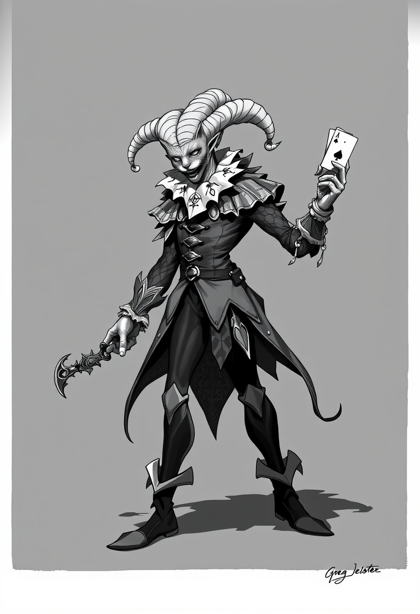 Full body concept art of a jester in action pose, medieval fantasy style character design in the style of Greg Rutkowski and Joe Madureira, dark grey background, holding a poker card, greyscale, the jester's face is a cat. - Image