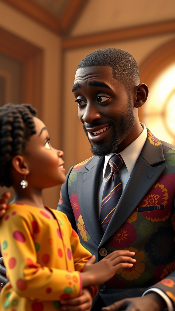 A black man wearing a full suit and colorful attire is talking to his daughter. 8k, 3D Pixar style. - Image