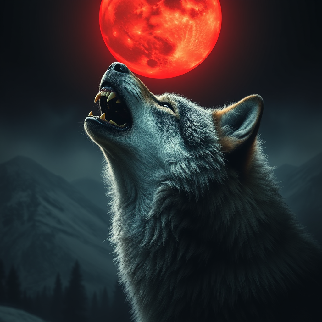 A horror style ultra-realistic image of a wild mountain wolf with sharp teeth howling at the bloody red moon.