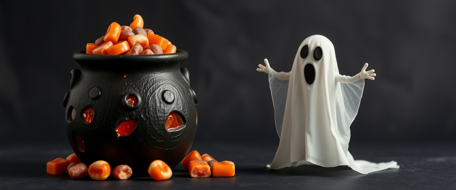 Spooky Halloween Ghost and Candy Cauldron - Image