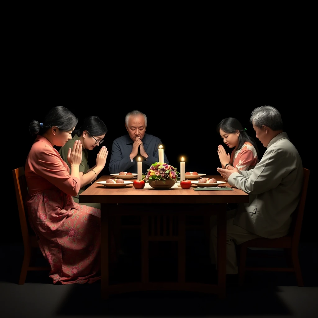 an Asian family sitting together around a dining table praying, photorealistic, 1:1 ratio, serene, dark background, plenty of whitespace around the subject, no deformed arms, no extra arm - Image