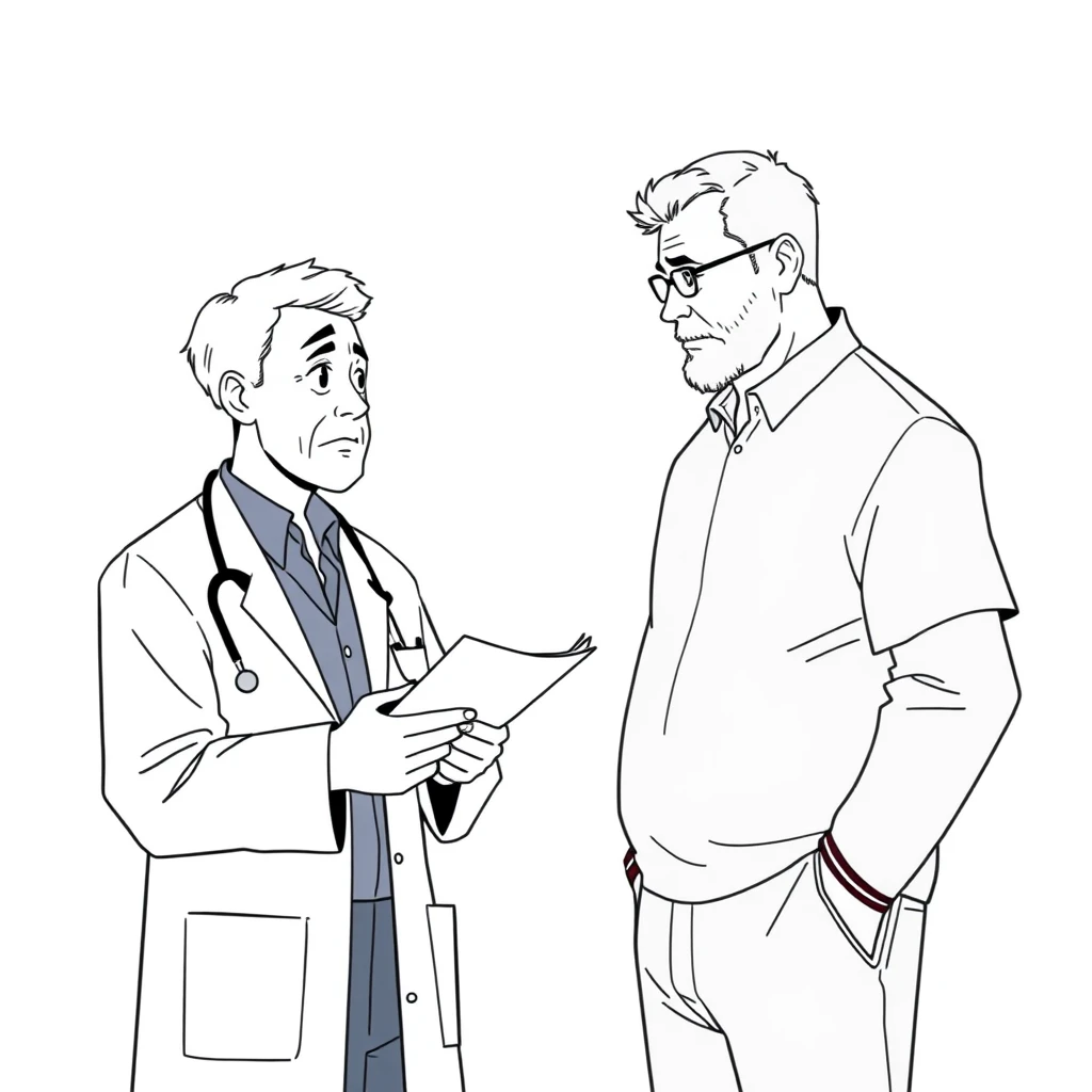 A doctor is taking notes and talking to a middle-aged man next to him, in a minimalist style with simple black and white lines, white background, and anime style. - Image