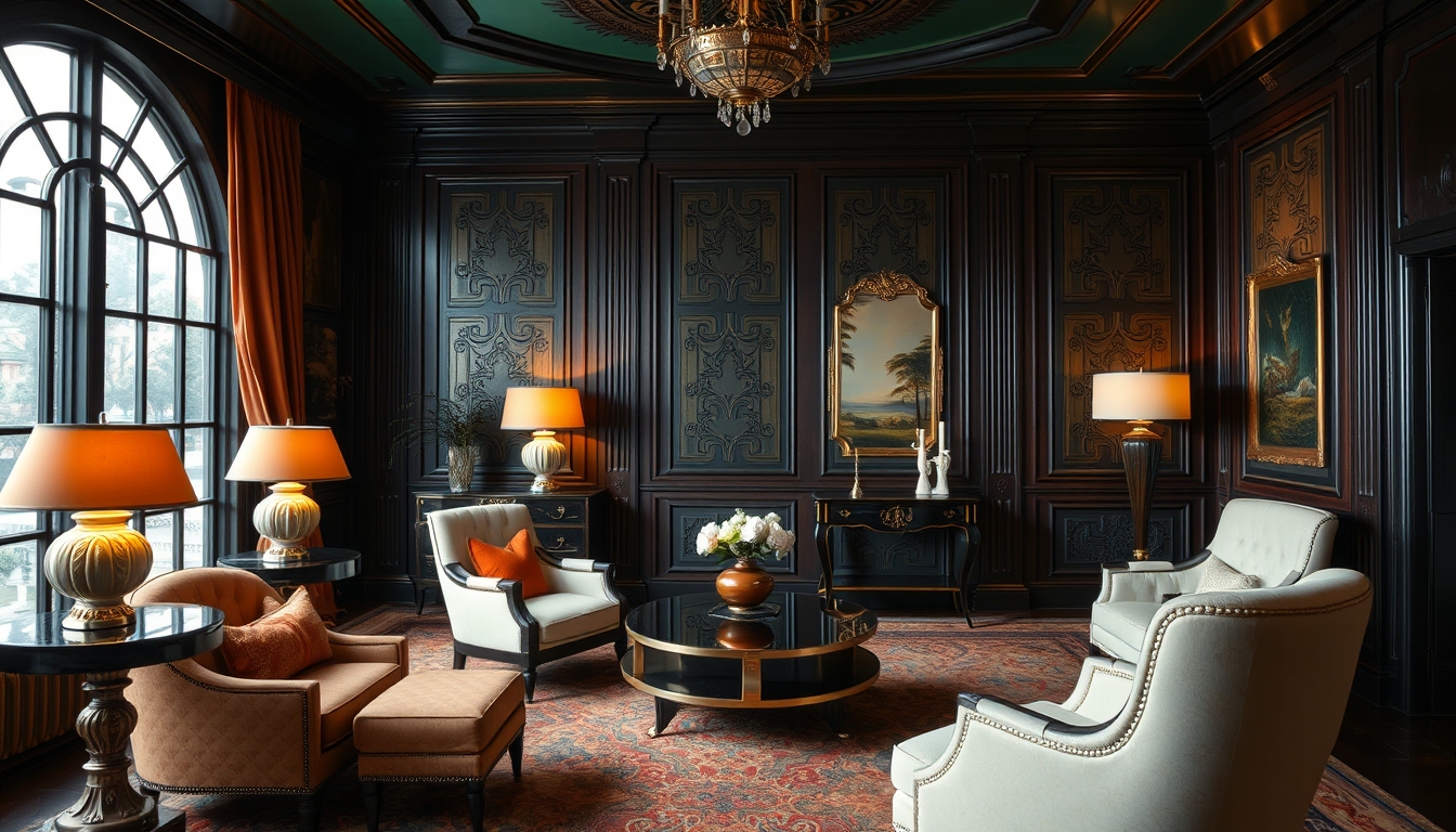 An interior scene of a luxurious room with Art Deco furniture, rich color palettes, and intricate geometric patterns.