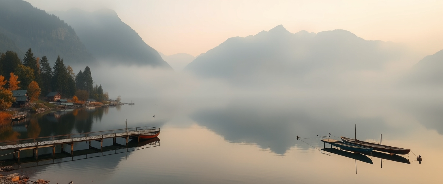 Tranquil, misty lake, surrounded by mountains, serene, high quality, photorealistic, reflection, peaceful, morning fog, autumn colors, breathtaking, idyllic::0.8 wooden pier, fishing boats, ducks, lakeside cabins, hiking trails, sunrise, sunset, misty mountains