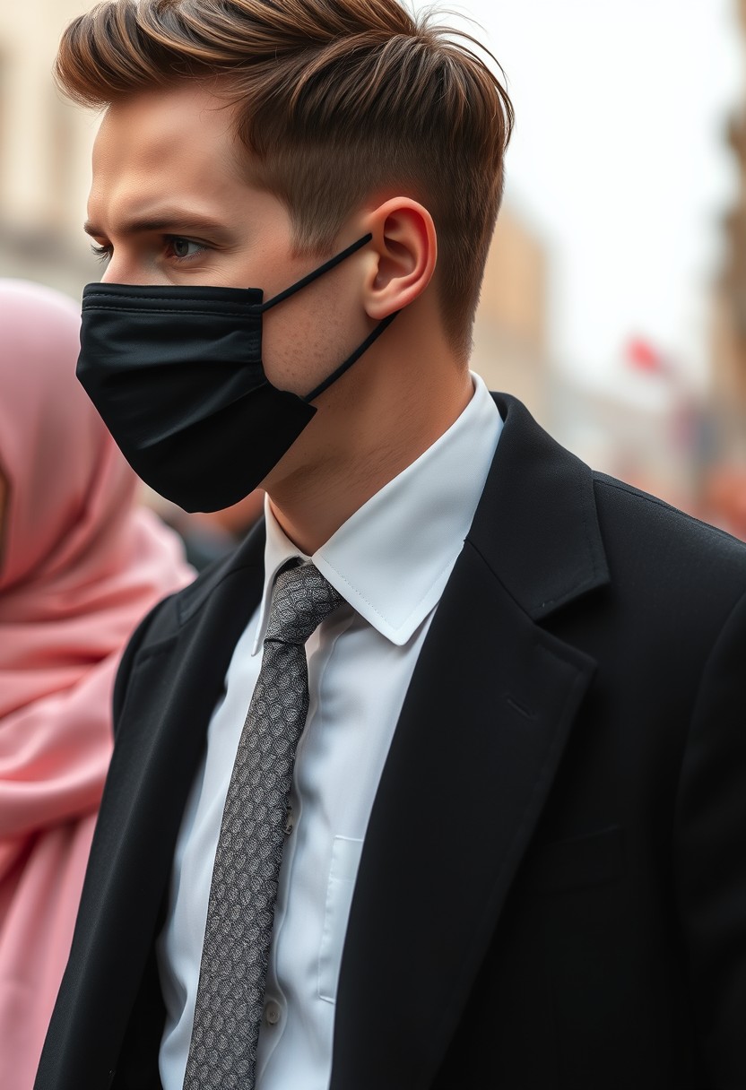 Jamie Dornan's head and body shot, handsome, young, black face mask, white shirt half buttoned, grey patterned tie, black coat suit, dating love with the biggest soft pink hijab girl, beautiful eyes, black face mask, largest floral juba, hyper-realistic, street photography. - Image