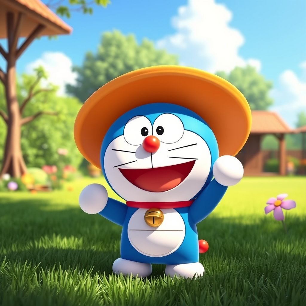 Doraemon in Pixar style, cute and expressive, vibrant colors, static pose, sunny garden setting, green grass, blue sky, cheerful and peaceful atmosphere, clear texture, smiling ring, lumia. - Image