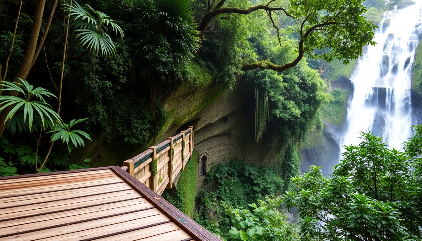 Wooden Platform With Waterfall Background in Lush Rainforest