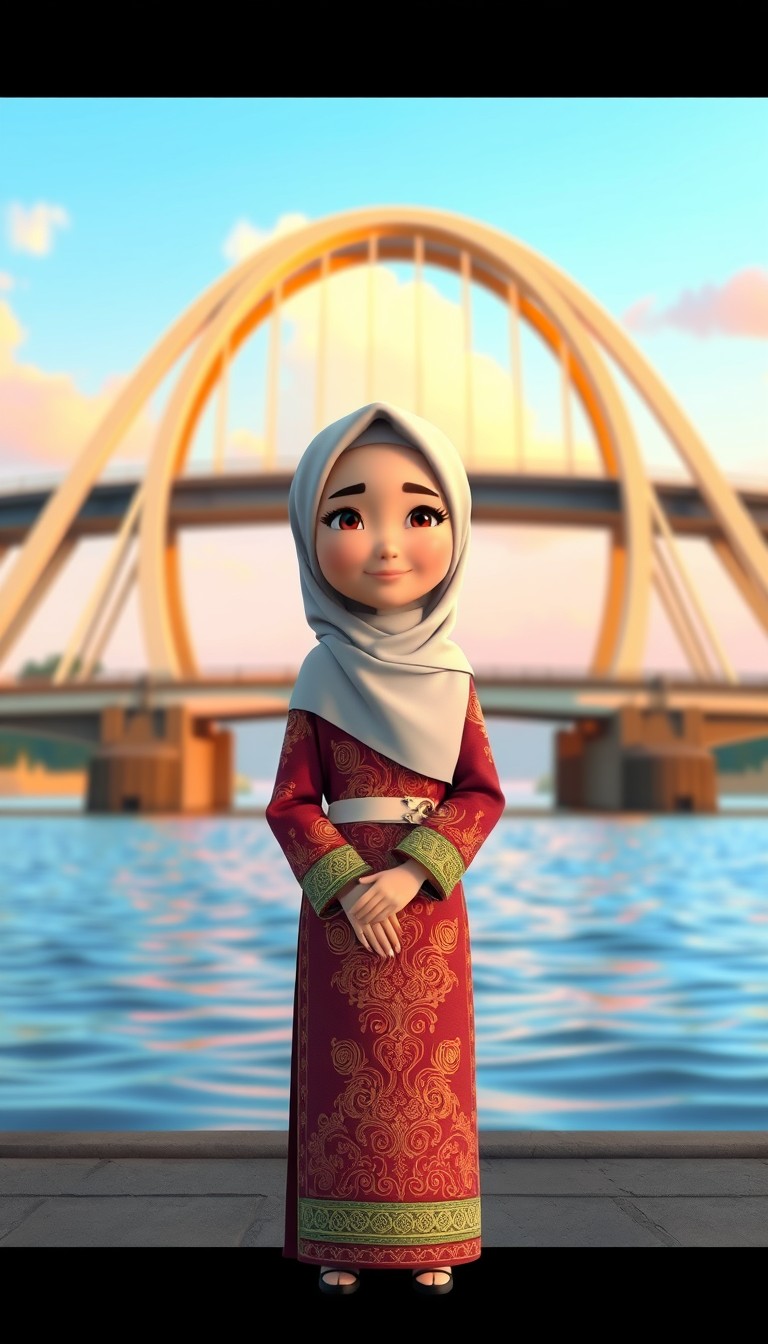 A 3D cartoon animation of a Muslim woman from Palembang, Indonesia, wearing a traditional long songket dress. She stands gracefully in front of the iconic Ampera Bridge, which arches beautifully in the background. The scene is rendered in stunning 8k resolution, capturing the vibrant colors and intricate details of the songket fabric. The woman's expression is serene and peaceful, with a gentle smile. The overall atmosphere is warm and welcoming, showcasing the cultural beauty and elegance of Palembang. - Image