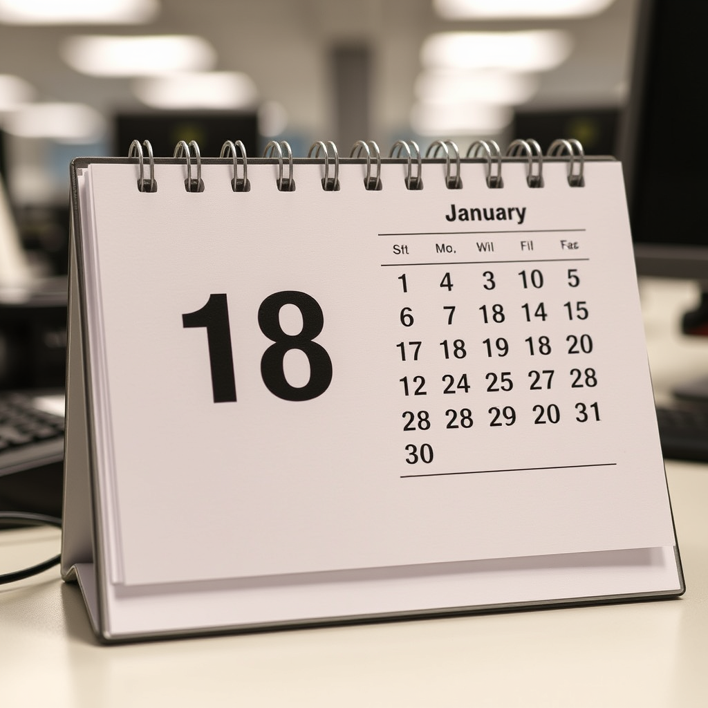 A photo of a desk calendar. The calendar is open to the month of January, "1,2,3,4,5,6,7,8,9,10,11,12,13,14,15,16,17,18,19,20,21,22,23,24,25,26,27,28,29,30,31". The calendar is on a desk in an office. number text.