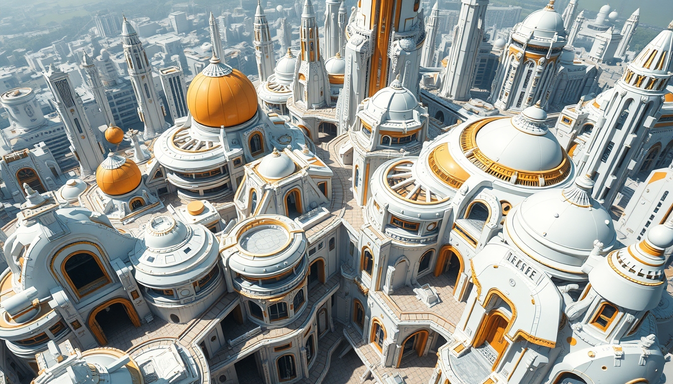 Futuristic cityscape with white and yellow structures, intricate details, and walkways.