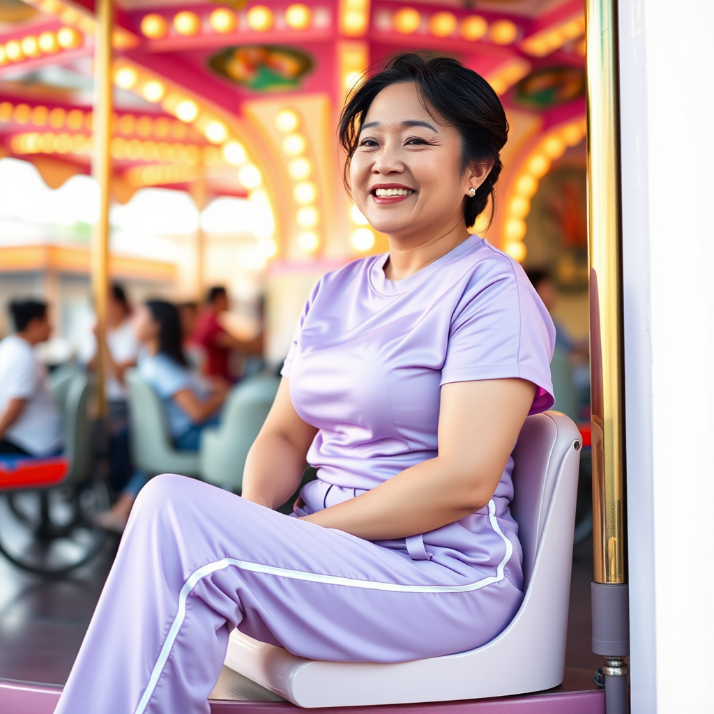 A 45-year-old Chinese woman with large breasts and buttocks wears a simple yet generous design of a tracksuit, consisting of a fitted short-sleeved sports T-shirt and high-waisted tight-fitting track pants. The material is light and breathable, fitting the body without being overly revealing. The ensemble is lilac with a subtle sheen that is both elegant and vibrant. The edges of the top and the bottom of the trousers feature a fine white stripe, adding a sporty and stylish touch. She is sitting on a merry-go-round with a happy smile on her face. The camera is shot from a low angle, capturing her within the colorful carousel, while the blurred lights and other passengers in the background create a dynamic play of light and shadow. Light shines from the side, casting a soft halo around her face and body, while the colorful background provides a harmonious contrast to her lavender tracksuit. The right side has ample white space, allowing the sense of movement of the carousel to be fully displayed. - Image