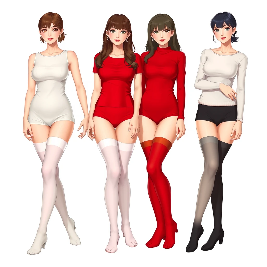 Twenty to thirty-five-year-old three women characters wearing white, red, and black stockings. - Image