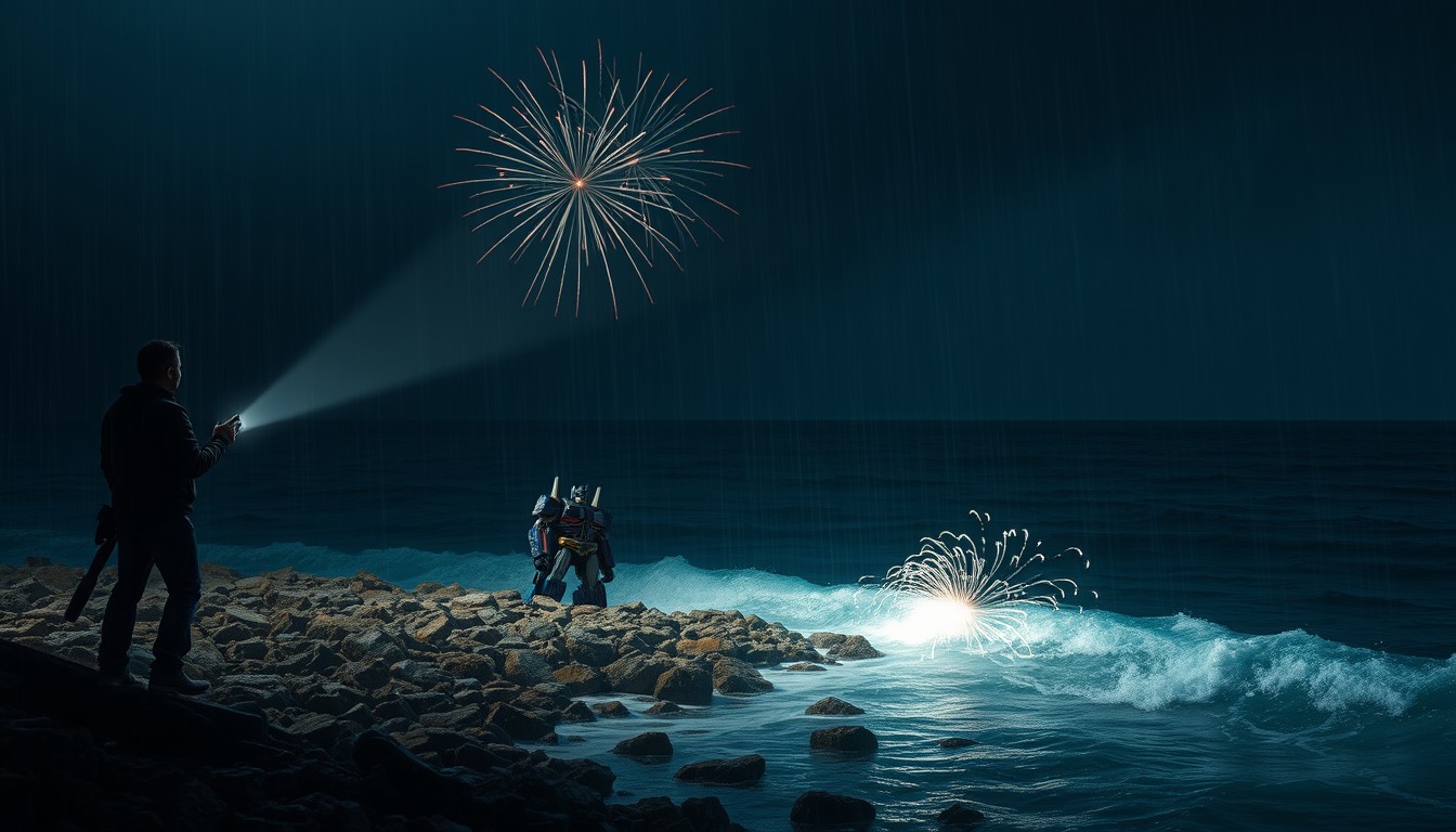 There was a reef on the coast of the dark sea. A scarred Transformer fell beside the reef. The Transformer's left arm was missing, revealing the connection line, which was emitting fireworks. A man looked at the Transformer with a flashlight in the rain. - Image