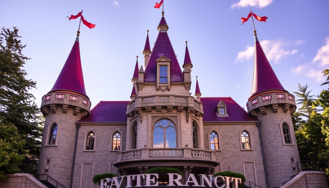 A whimsical fairy tale castle with glass turrets sparkling in the sunlight.