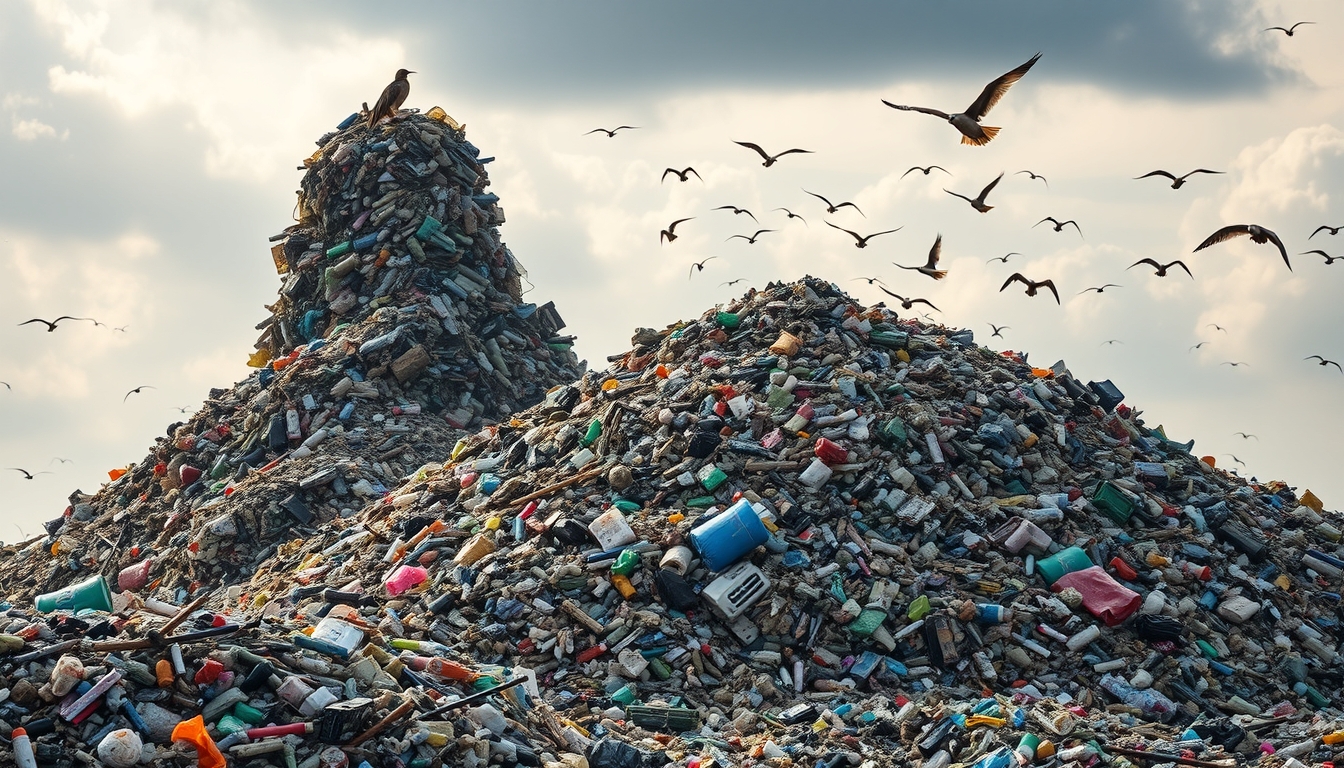 Choked landfill with towering piles of plastic waste and scavenging birds in a polluted sky. - Image