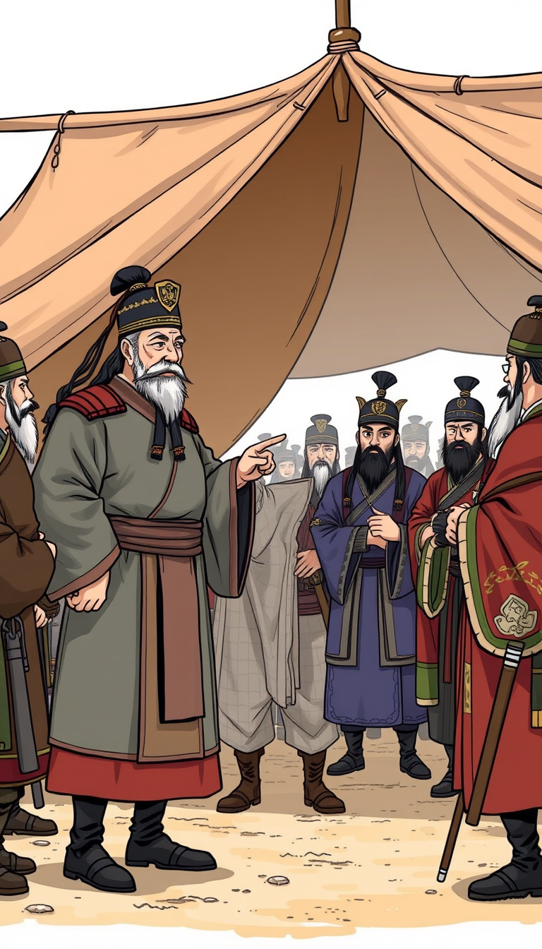 An old general, dressed in Song Dynasty military attire, stands confidently before the other generals, pointing to an old horse. The other generals nod thoughtfully, while soldiers outside the tent listen attentively. The scene is drawn in a manga style. - Image