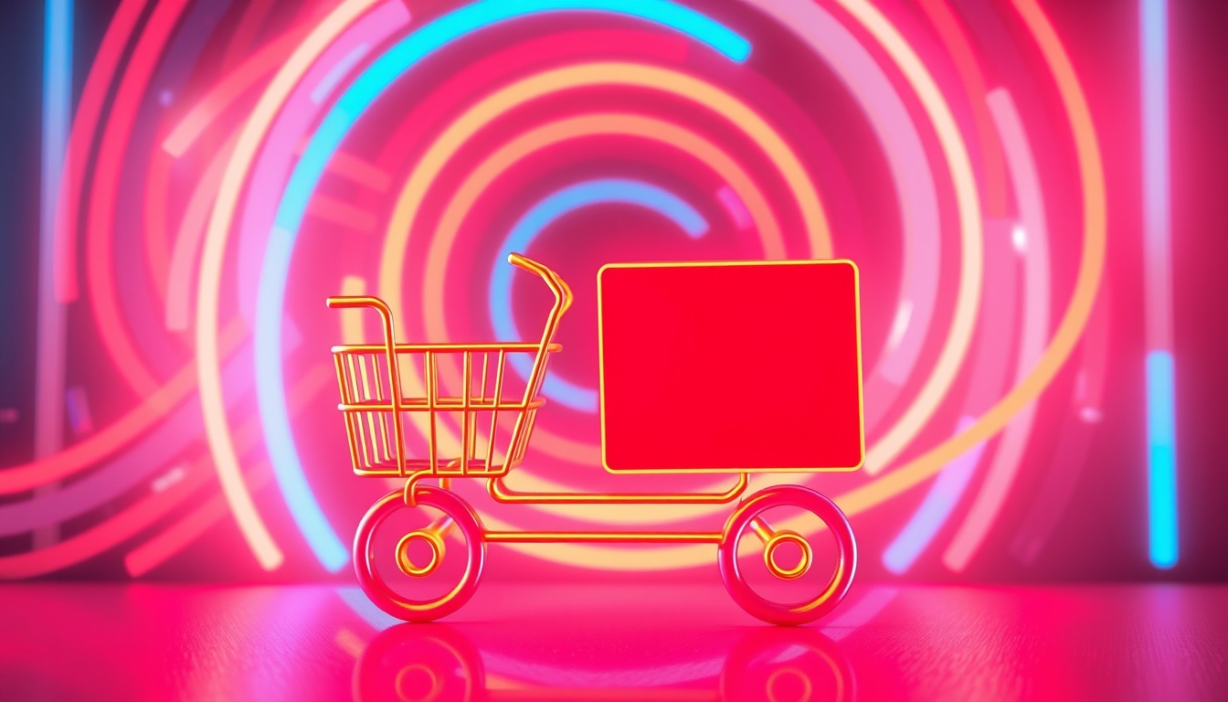 Sharp 3D render of a neon online shopping and free delivery concept against a dynamic neon light.